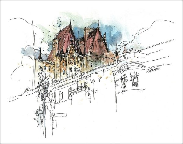 Здания акварелью и тушью