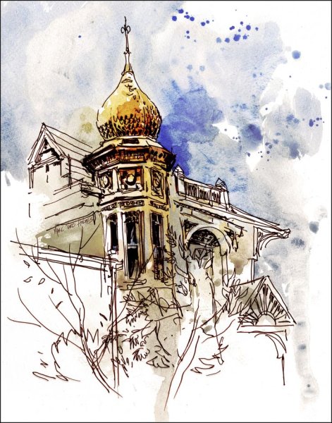 Храмы скетчинг в акварели
