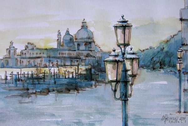 Акварель и тушь пейзаж