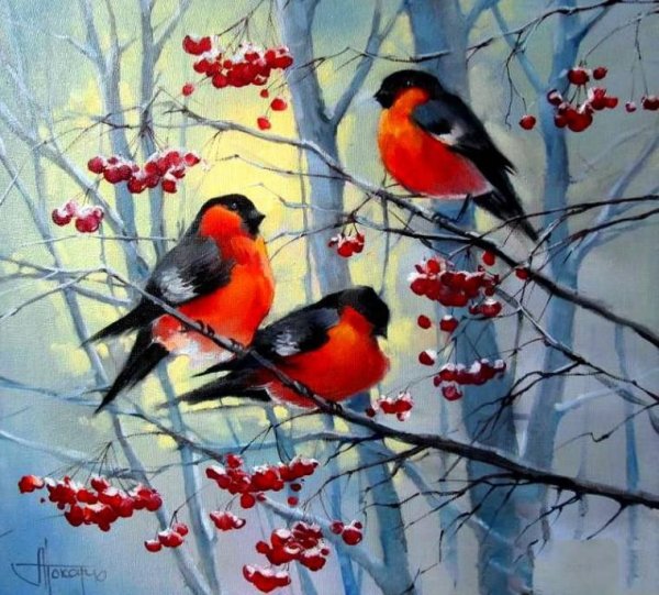 Снегири маслом Ольга Базанова