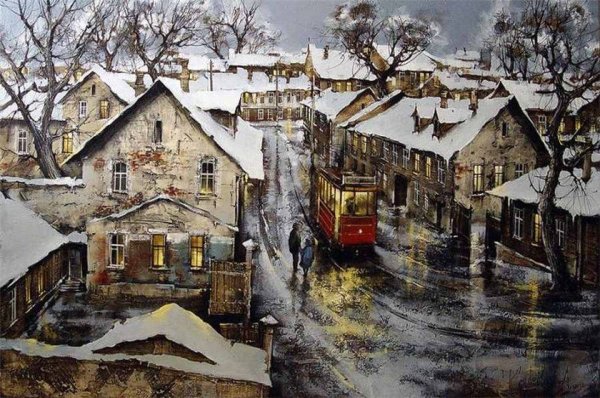 Осенний вечер в городе в живописи