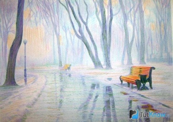 Пейзаж цветными карандашами Весна