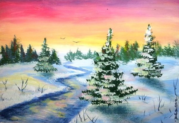 Зимний лес гуашью