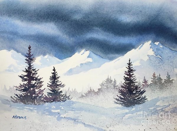 Зимний пейзаж рисунок акварелью