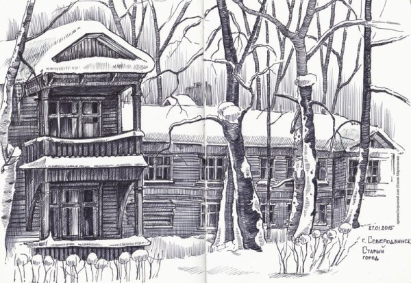 Деревянный дом гелевой ручкой