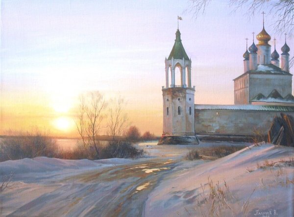 Картины художников 19 века деревня река храм зима