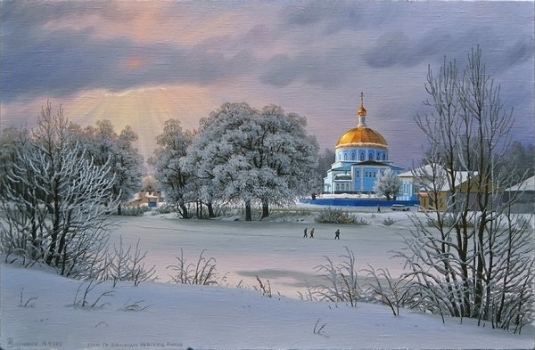 Картины художников 19 века деревня река храм зима