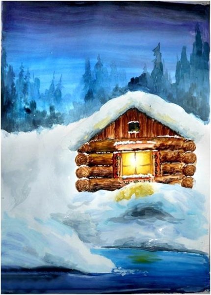 Зимний домик в лесу акварель
