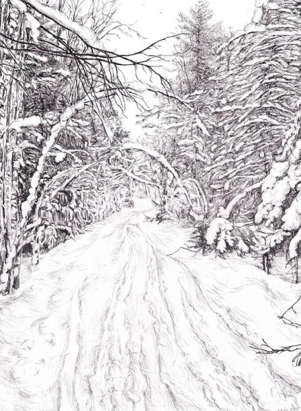 Зимний пейзаж карандашом