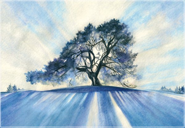 Зимний пейзаж акварелью легкие