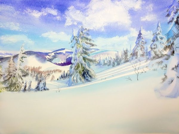 Зимний пейзаж акварелью поэтапно для начинающих
