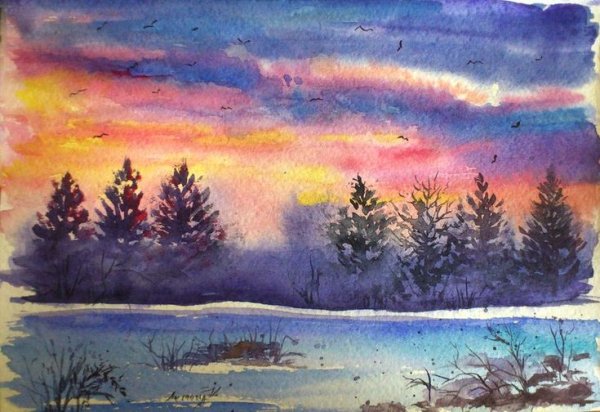Рисование акварелью зима