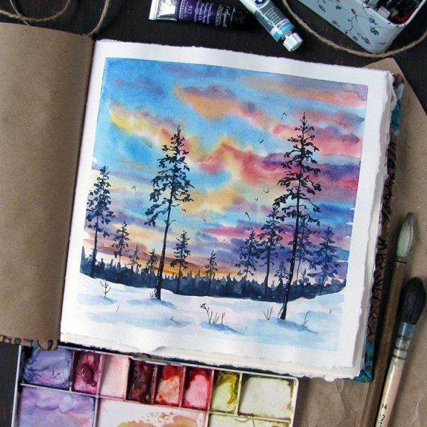 Зимний пейзаж рисунок акварелью