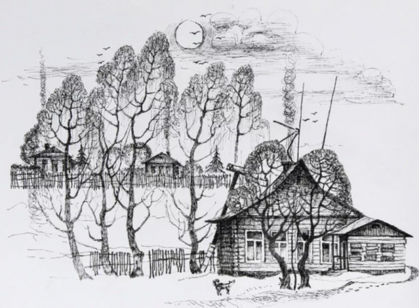 Сельский пейзаж в графике