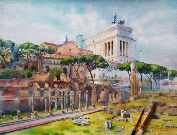 Рим испанская лестница акварель