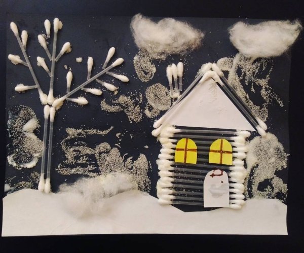 Зима из ватных палочек