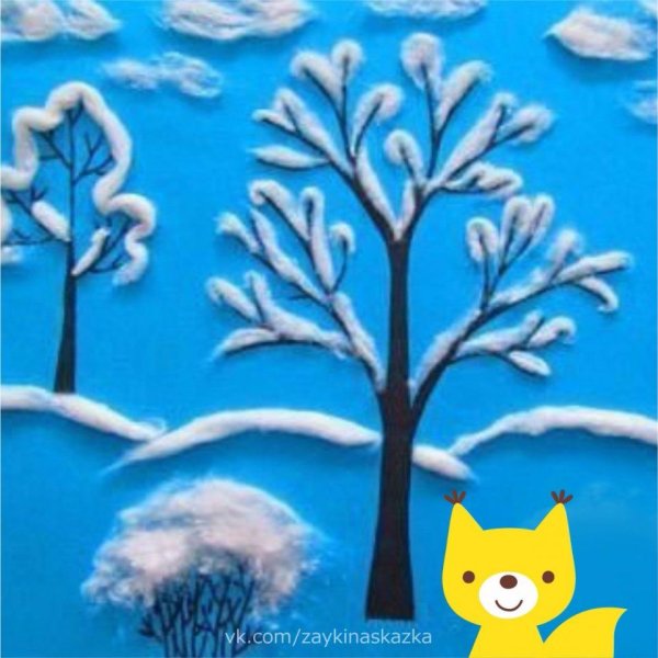 Зимние аппликации с ватой для детей