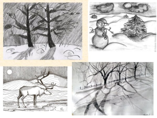 Рисование зима на черном фоне