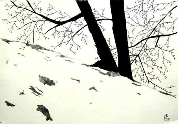 Зимний пейзаж белой гуашью