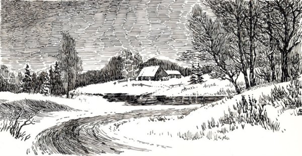 Зимний пейзаж раскраска