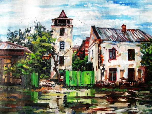 Пейзаж города гуашью