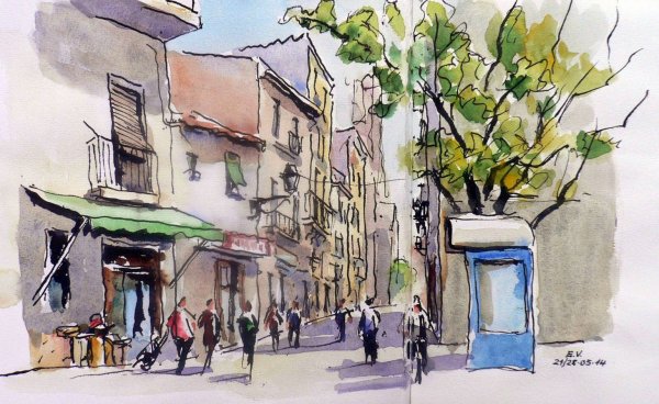 Акварели городской пейзаж Барселона