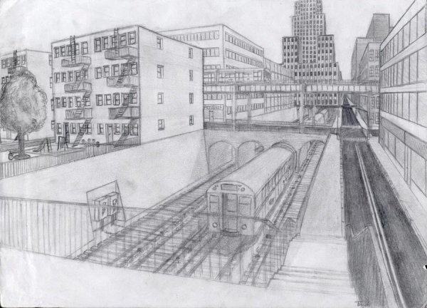 Современный городской пейзаж карандашом