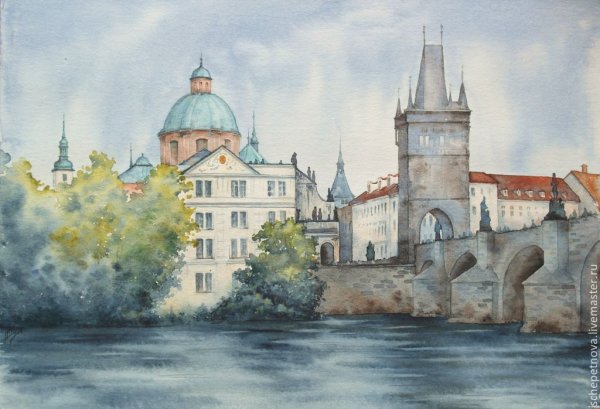 Акварель Прага городской пейзаж
