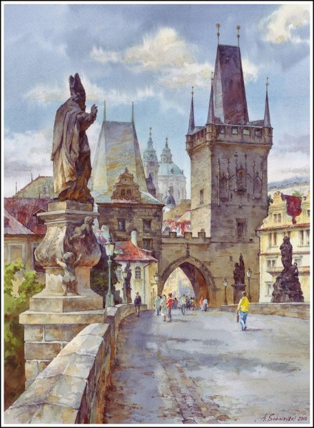 Прага Карлов мост акварель