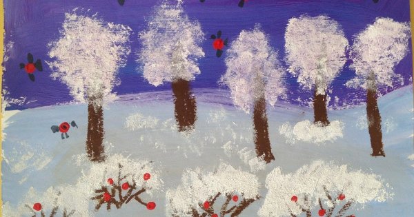 Зимний пейзаж детский рисунок