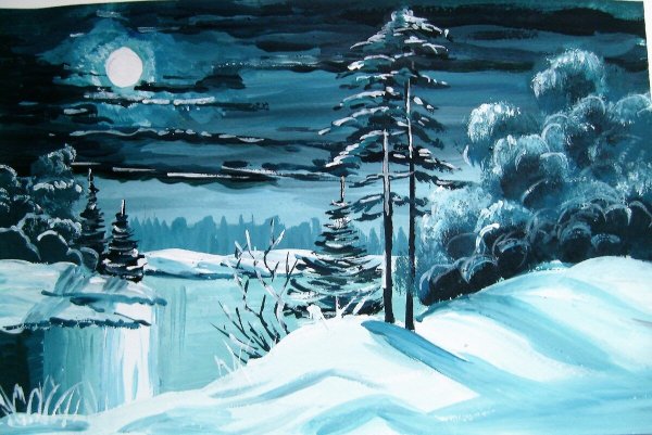 Зимний пейзаж рисунок цветными карандашами