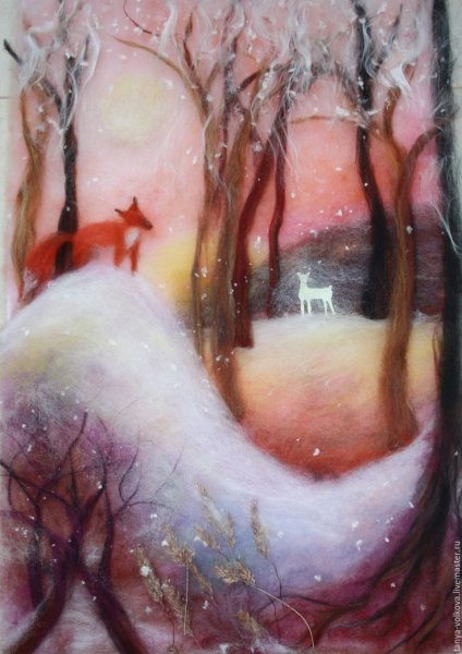 Шерстяная живопись зимний пейзаж