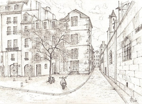 Современный городской пейзаж карандашом