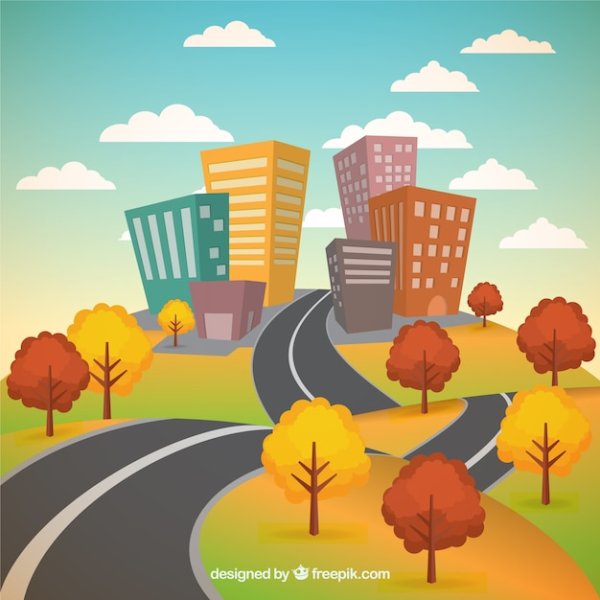 Мультяшный город с дорогой