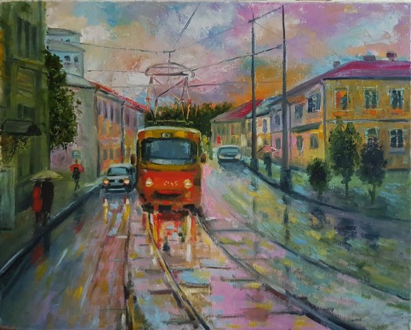 Современный город машина маслом