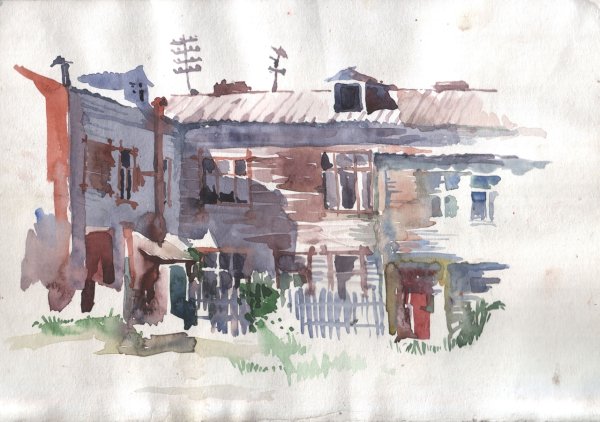 Деревенский пейзаж акварелью