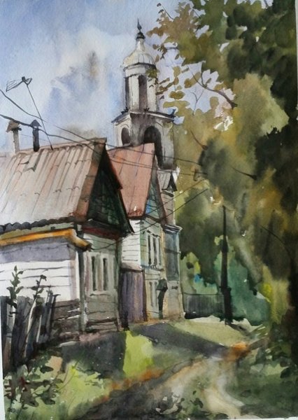 Деревенский пейзаж акварелью
