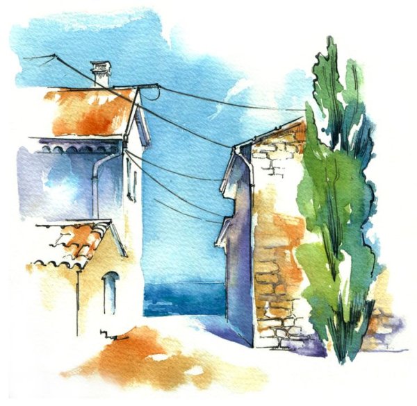 Пейзаж цветными карандашами