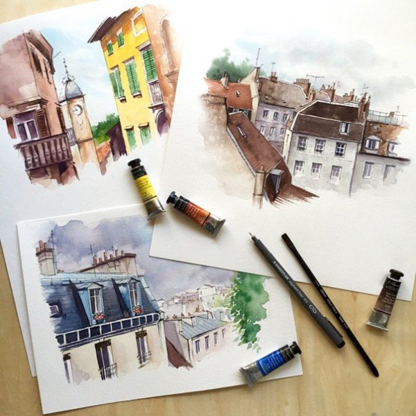 Скетчинг архитектура акварель