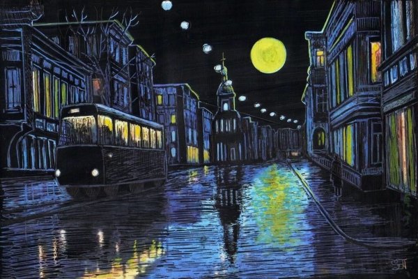 Ночной пейзаж акварелью
