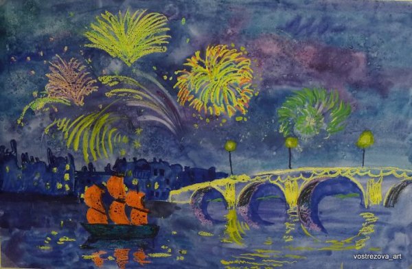 Праздничный город гуашью