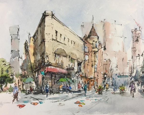 Наброски городского пейзажа акварелью