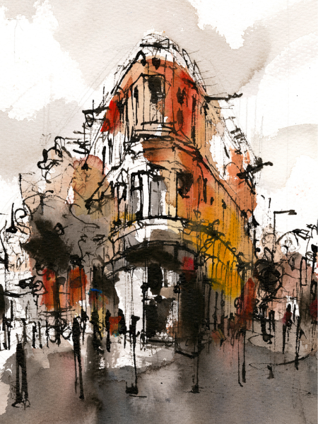 Архитектура акварель и тушь
