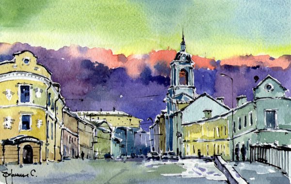 Акварель и тушь пейзаж