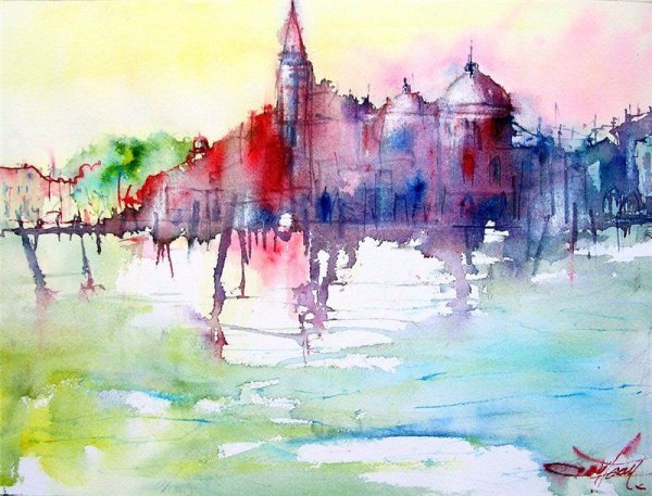 Пейзаж акварелью разноцветный