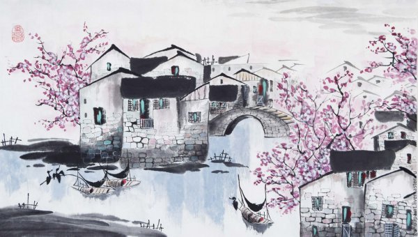 Японский пейзаж гелевой ручкой