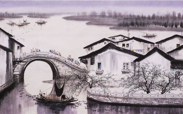 Акварель китайская архитектура Сучжоу