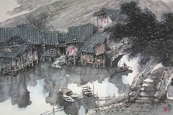 Акварель китайская архитектура Сучжоу