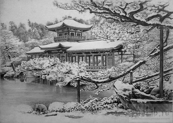 Гравюра в японском стиле черно белая