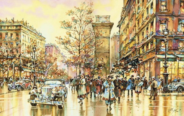 Акварельные пейзажи Парижа кафе, набережная
